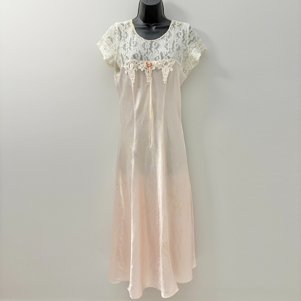 Angelcore Nightgown Lace Rosette Satin Chemise Pink Small Satin Princess